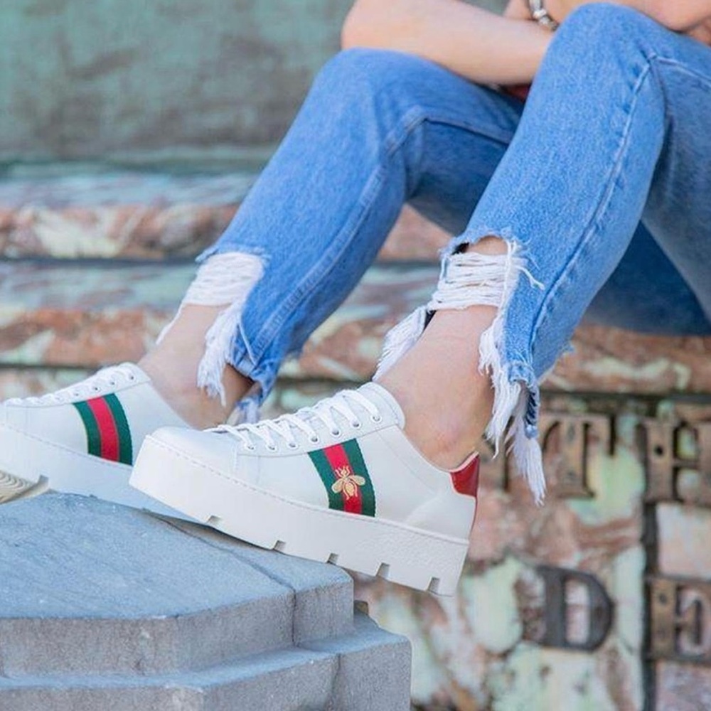 Gucci White and Green Platform Sneakers